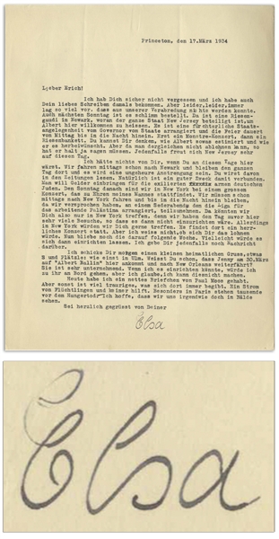 Elsa Einstein Letter Signed From 1934, Shortly After She and Albert Moved to Princeton -- ''...There will be a gigantic jamboree in Newark...welcoming Albert here. It is a dreadful state affair...''